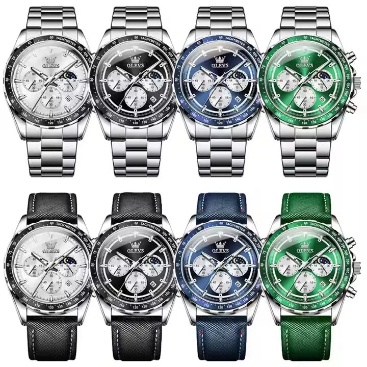 OLEVS 2945 Classic Men Quartz Watch Calendar Window Luminous Pointer Waterproof Moon Phase Comfortable Leather Strap Mens Watch