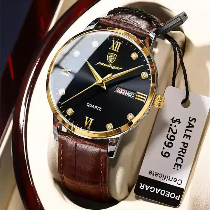 POEDAGAR 856 Watch Men Fashion Genuine Leather Waterproof Wristwatches Reloj Business Casual Luminous Calendar Quartz Mens Watch