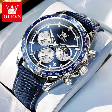 OLEVS 2945 Classic Men Quartz Watch Calendar Window Luminous Pointer Waterproof Moon Phase Comfortable Leather Strap Mens Watch