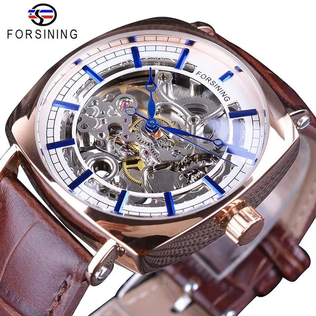 Forsining Mens Watch Black Genuine Leather Fashion Royal Luxury Gold Clock Transparent Skeleton Men Automatic Mechanical Watches