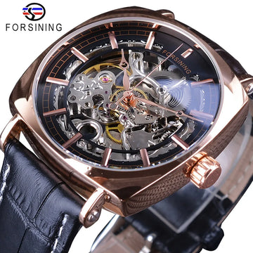 Forsining Mens Watch Black Genuine Leather Fashion Royal Luxury Gold Clock Transparent Skeleton Men Automatic Mechanical Watches