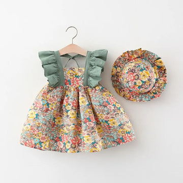 Summer New Floral Baby Girl Dress, Sweet Ruffled Sleeves Children'S Clothing With Free Hat For Babies Aged 9 Months To 3 Years