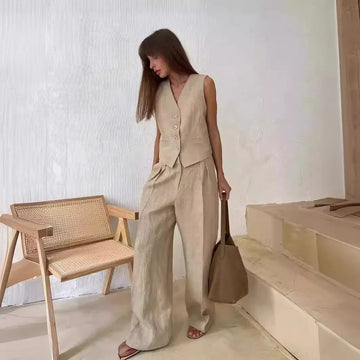 2025 New Women Linen Cotton Chic Vest ＆ Pants Suit Two-Piece Set Office Ladies Summer Chic 2 Piece Sets Women's Outfits