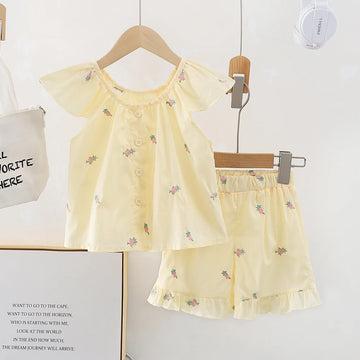 Humor Bear Girls' Clothing Sets Embroidered Children's Flying Sleeve Vest Shorts Kid Clothes Suit