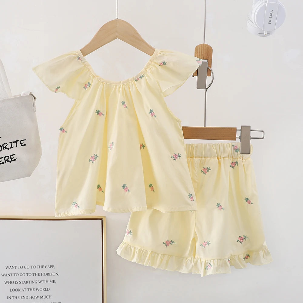 Humor Bear Girls' Clothing Sets Embroidered Children's Flying Sleeve Vest Shorts Kid Clothes Suit