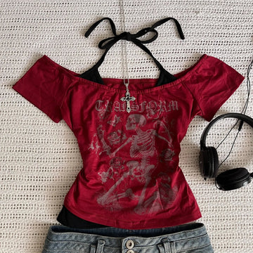 Millennium 2000s Y2k crop aesthetic sweet and sexy vest women's sleeveless casual anime printed vest Harajuku red full outfit Em