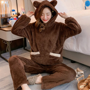 Thickened Warm Autumn and Winter Women Cartoon Plush Hooded Bear Sleepwear Girl Flannel Homewear Laides Coral Velvet Nightwear