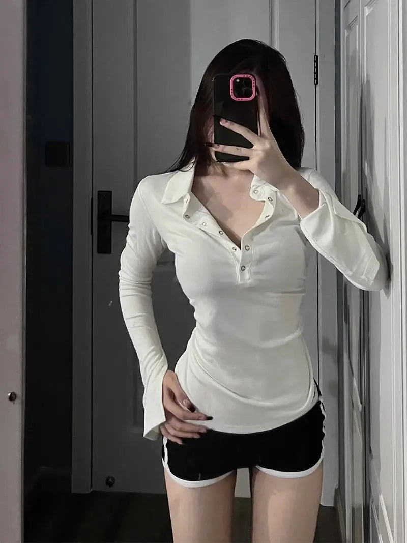 Bodycon Women T-shirts Long Sleeve Solid Color Turn Down Collar Sexy Simple Korean Style Ins Minimalist Prevalent Casual Chic