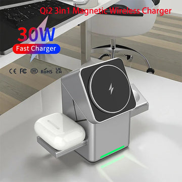 Rotating Qi2 3in1 15w Magnetic Wireless Charger Stand For iPhone 16 15 14 13 12 Max  iWatch Airpods Fast Charging Dock
