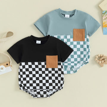 Citgeett Summer Infant Baby Boy Girls Bodysuit Short Sleeve Plaids Print Pocket Playsuits Casual Clothes
