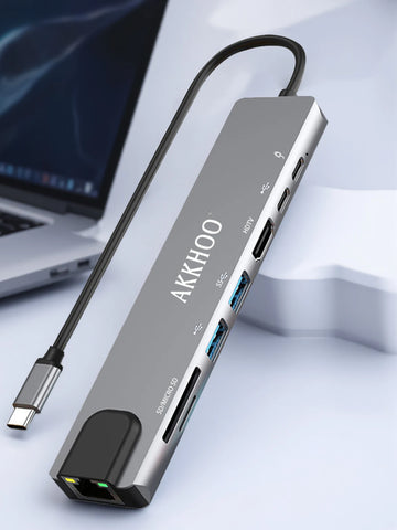 AKKHOO USB-C 4K HDTV 5Gbps Mini laptop docking station (1.27x0.55in ) ,PD100W Fast Charging, 8 in 1,phone docking station