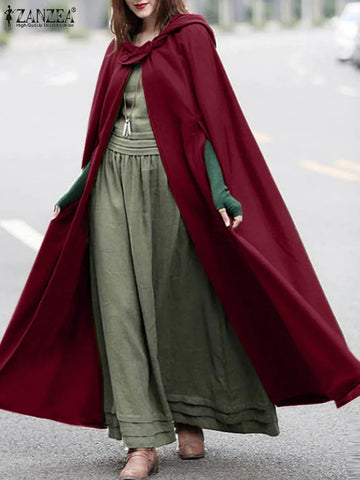 Fashion Long Cape Cloak ZANZEA Women Hooded Wool Blend Cloak Coat Autumn Hoodies Poncho Warm Cosplay Jackets Outwear Windbreaker