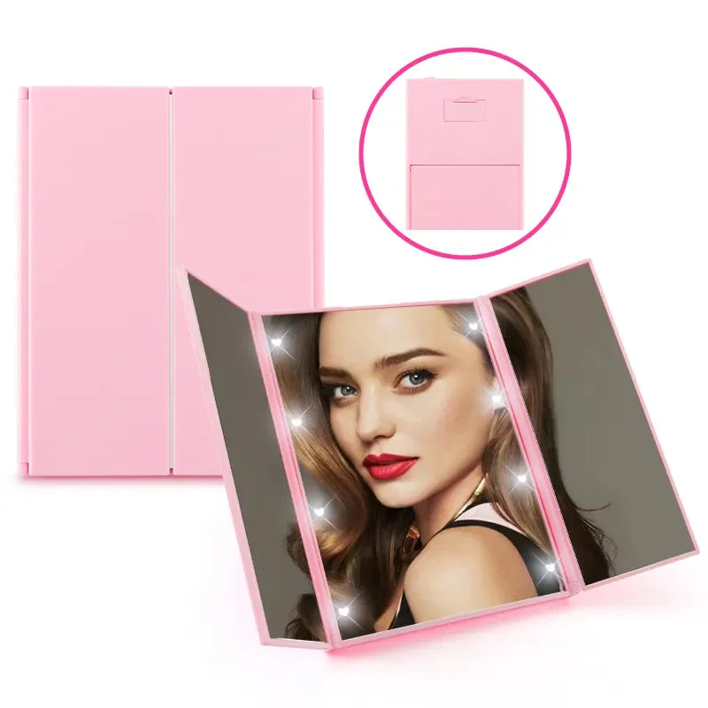 Folding Portable 3 Way Makeup Mirror with Light Folding Design LED Travel Vanity Cosmetic Mirror with Adjustable Stand for Gifts