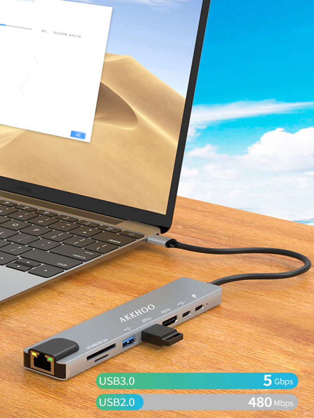 AKKHOO USB-C 4K HDTV 5Gbps Mini laptop docking station (1.27x0.55in ) ,PD100W Fast Charging, 8 in 1,phone docking station