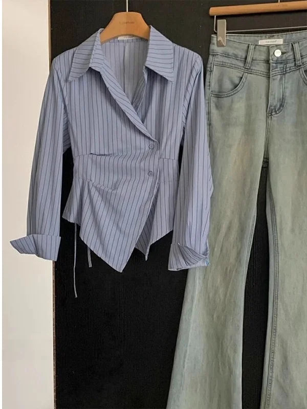 Slimming Stripe Long Sve irt Women's Design Sense Asymmetrical Waist Spring New Sle Korean Version  Collar Trendy
