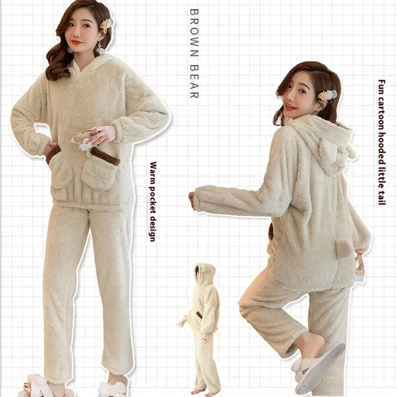 Thickened Warm Autumn and Winter Women Cartoon Plush Hooded Bear Sleepwear Girl Flannel Homewear Laides Coral Velvet Nightwear