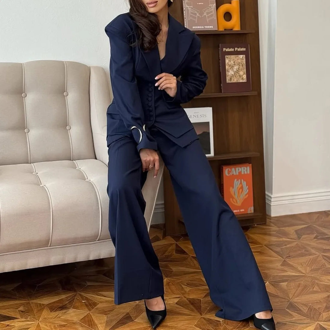 VTKW Women's 3-Piece Solid Trouser Set Notched Lapel Blazer Belted Relaxed High Quality Minimal Luxury Spring Autumn Casual