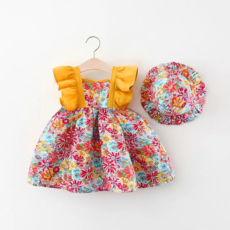 Summer New Floral Baby Girl Dress, Sweet Ruffled Sleeves Children'S Clothing With Free Hat For Babies Aged 9 Months To 3 Years