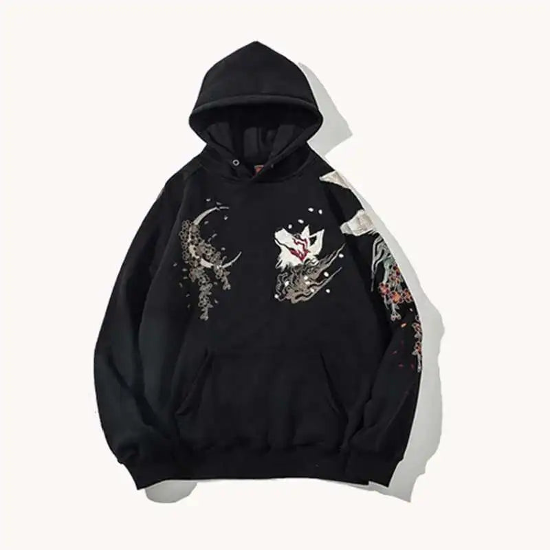 PFNW Chinese Style 2025 New Sweatshirt Men's Nine-tailed Fox Embroidery Hooded Tops Japanese Trend  Spring Loose Hoodies 28W5781