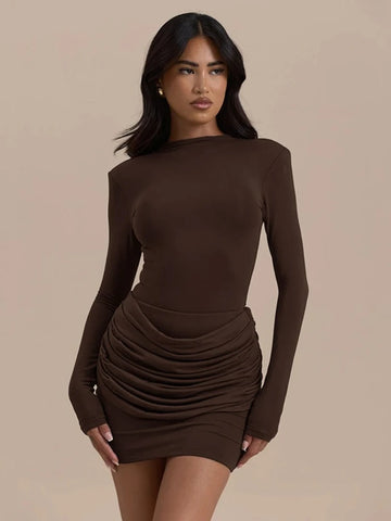 Chaxiaoa Long Sleeve Ruched Sexy Mini Dress Women Autumn Winter New Elegant High Waist Bodycon Club Party Dresses Female