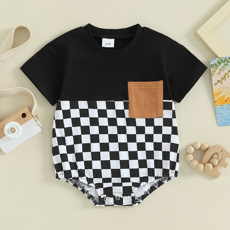 Citgeett Summer Infant Baby Boy Girls Bodysuit Short Sleeve Plaids Print Pocket Playsuits Casual Clothes