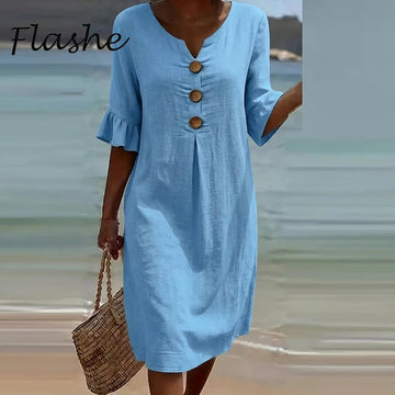 Vintage Women Dress V Neck Short Sleeve Ruffle Design Button Beach Holiday Dresses For Women Casual Solid Loose Party Dress