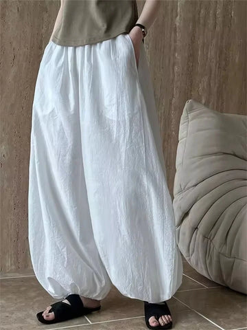 Fashion Oversized Lantern Trousers Women 2025 New Summer Elegant Lazy Design Pants Casual Loose Cotton No Pocket Wide Leg Pants