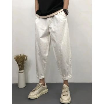Men's White Cropped Tapered Pants Casual Cotton Blend Ankle Trousers with Curved Seam Detail