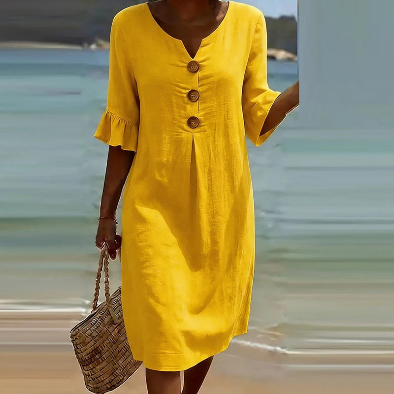 Vintage Women Dress V Neck Short Sleeve Ruffle Design Button Beach Holiday Dresses For Women Casual Solid Loose Party Dress