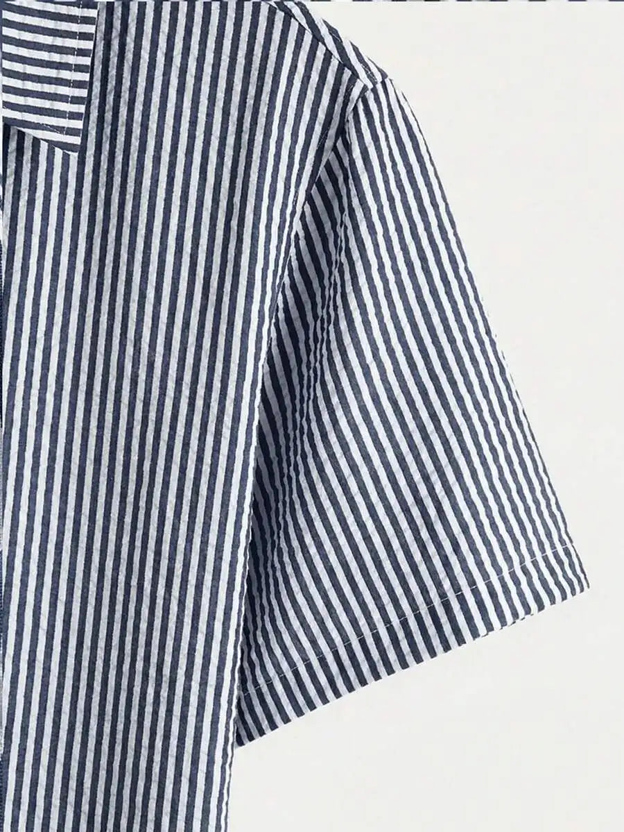 Mens Seersucker Striped Short Sleeve Shirt Casual Breathable Summer Beach Button Down Top
